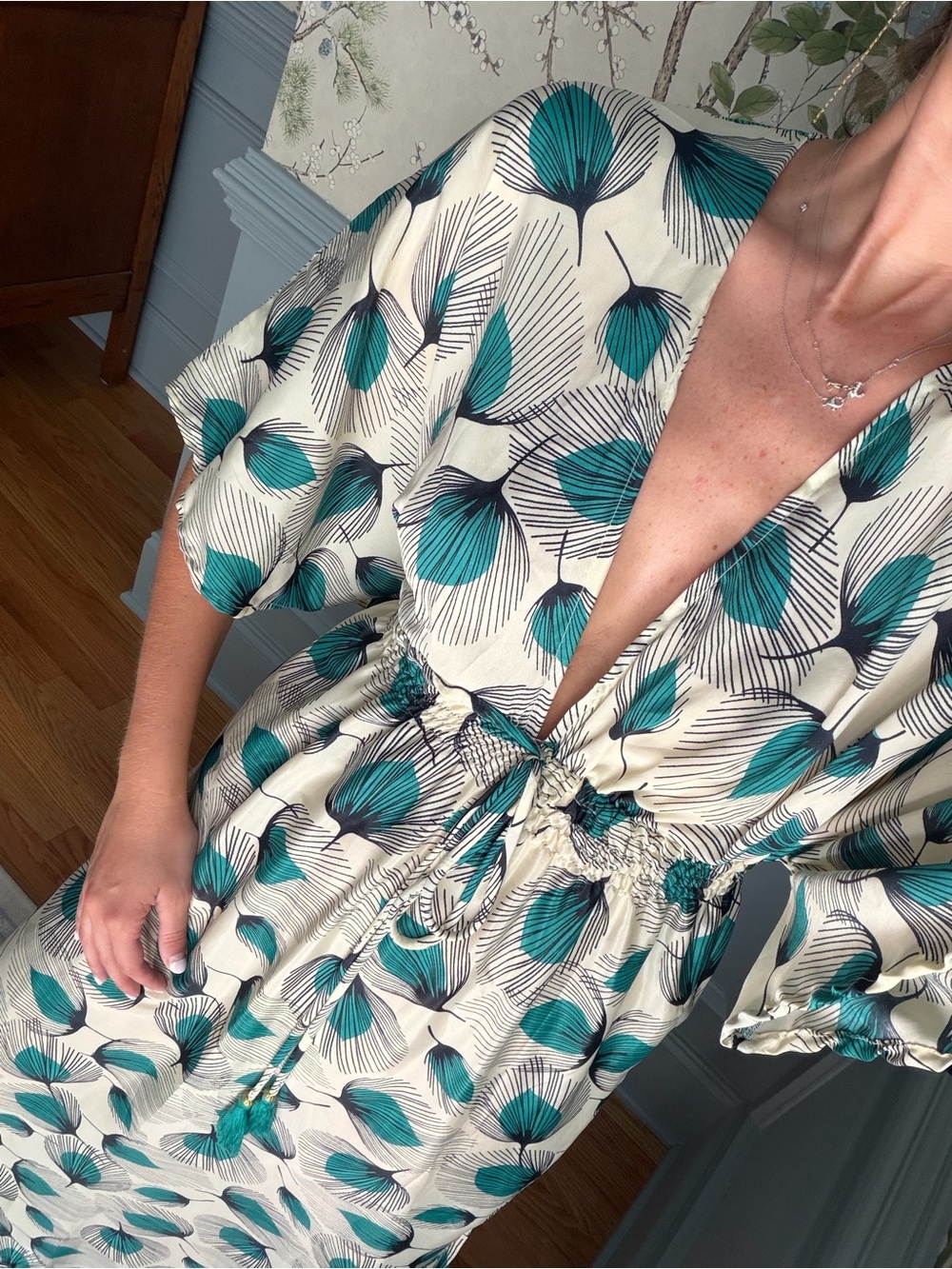 Silk Maxi Dress with Teal Leaf Print